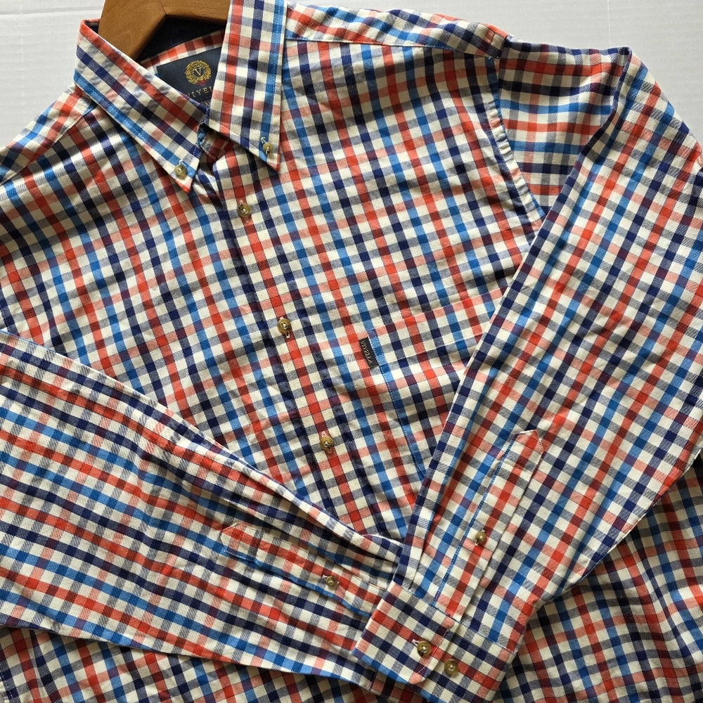 Viyella XL Red White Blue Plaid Check Cotton Button Down Shirt Office Preppy